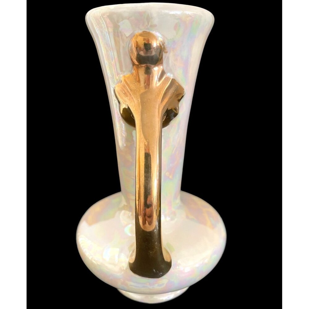 MCM Lusterware Vase Ceramic Pearl Glazed Iridescent Porcelain Gold Handles VTG - Picture 5 of 11